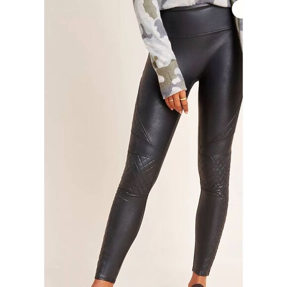 SPANX Leggings Women's Large Black Faux Leather Quilted Moto Shaping Slimming - Picture 1 of 6